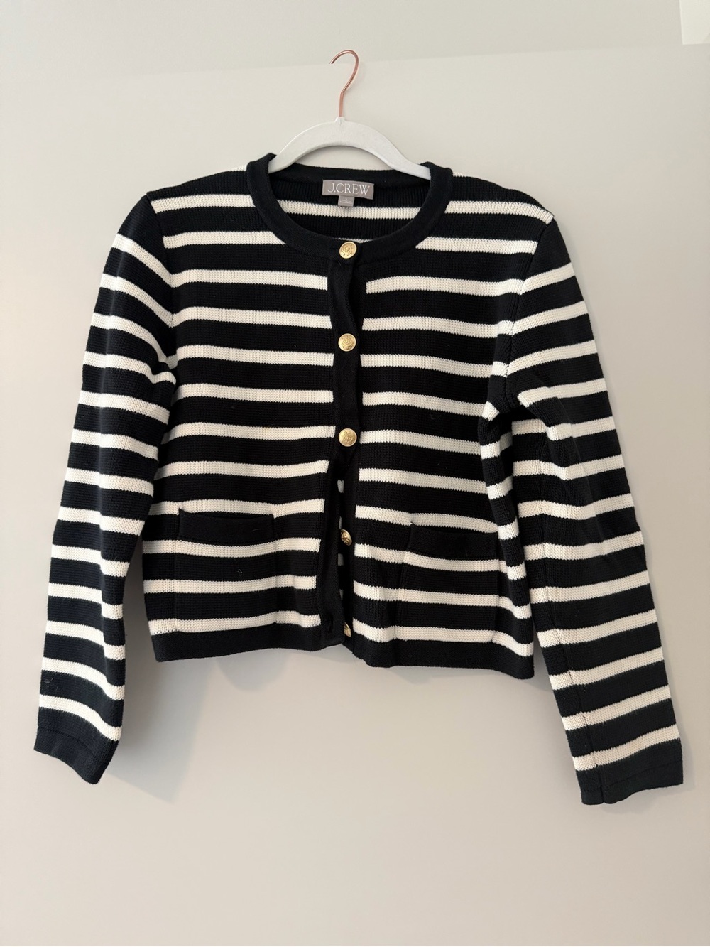 J. Crew Black & White Striped Crewneck Cardigan with Gold Buttons